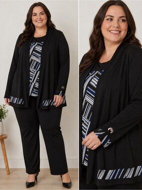 Open Front Jacket with matching sleeveless Top in Black, Blue & White Geometric